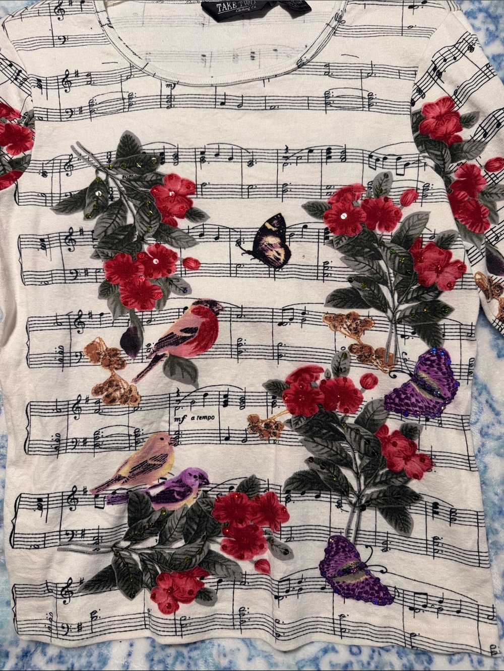 White Floral & Bird Print 3/4 Sleeve Top with Music Note Design